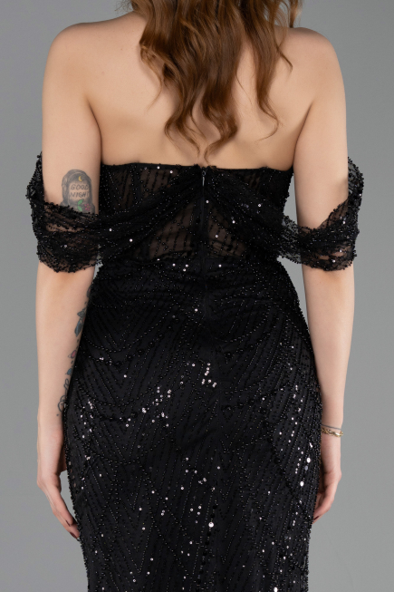Abendkleid Lang Perlenbesetzt Schwarz ABU5833