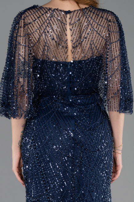 Abendkleid Lang Perlenbesetzt Marineblau ABU5798