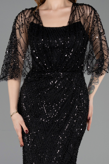 Abendkleid Lang Perlenbesetzt Schwarz ABU5798