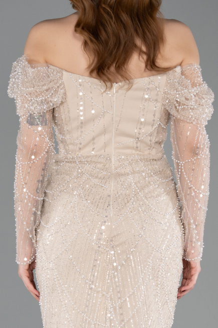 Standesamtkleid Lang Perlenbesetzt Beige ABU5825
