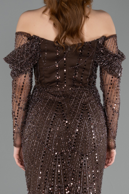 Standesamtkleid Lang Perlenbesetzt Braun ABU5825