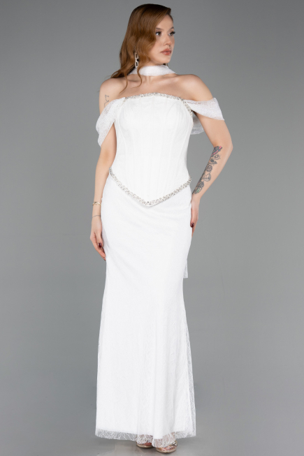 Abendkleid Lang Spitze Weiß ABU5839