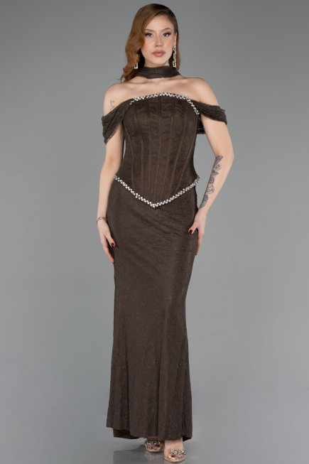 Abendkleid Lang Spitze Braun ABU5839