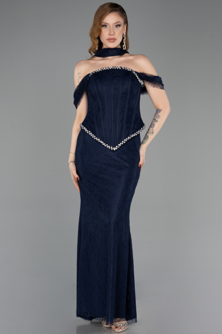 Abendkleid Lang Spitze Marineblau ABU5839
