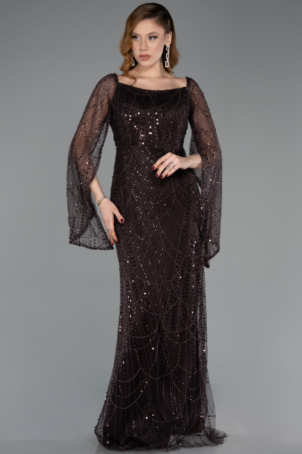 Braun Abendkleid Perlenbesetzt Lang ABU5066