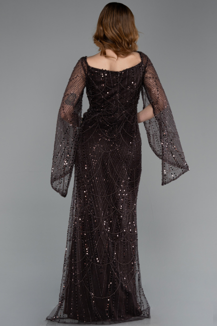 Braun Abendkleid Perlenbesetzt Lang ABU5066