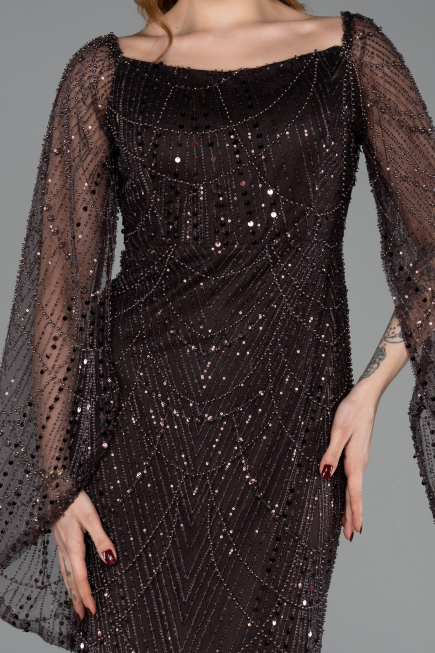 Braun Abendkleid Perlenbesetzt Lang ABU5066