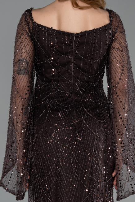 Braun Abendkleid Perlenbesetzt Lang ABU5066