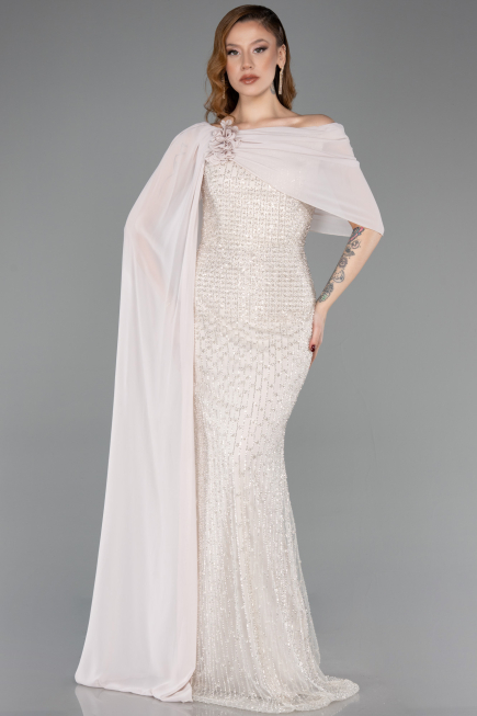 Standesamtkleid Lang Perlenbesetzt Beige ABU5816