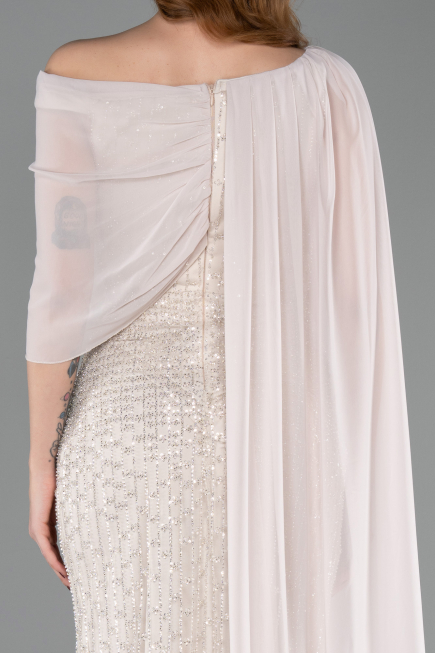 Standesamtkleid Lang Perlenbesetzt Beige ABU5816