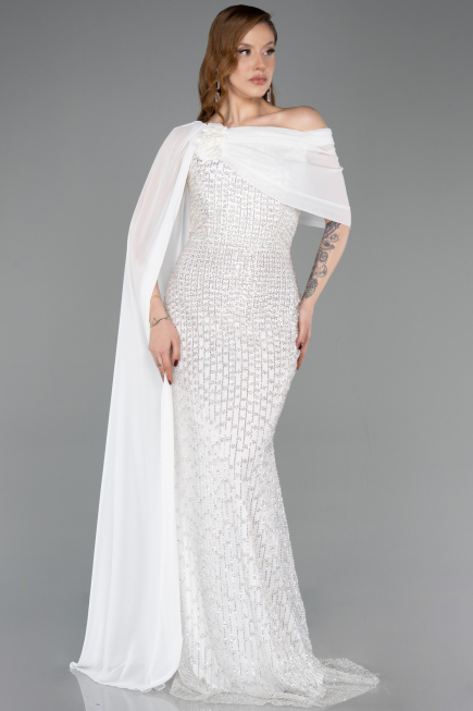 Standesamtkleid Lang Perlenbesetzt Weiß ABU5816