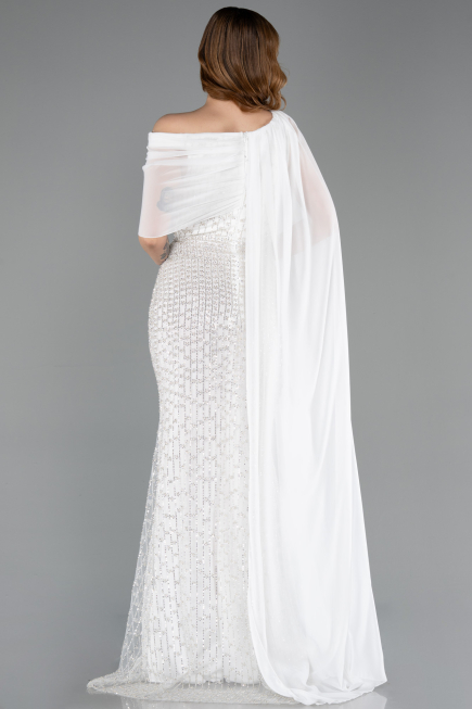 Standesamtkleid Lang Perlenbesetzt Weiß ABU5816
