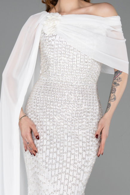Standesamtkleid Lang Perlenbesetzt Weiß ABU5816
