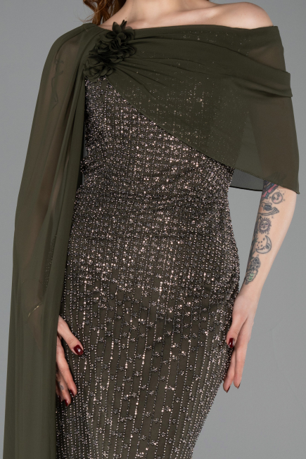 Standesamtkleid Lang Perlenbesetzt Khaki ABU5816
