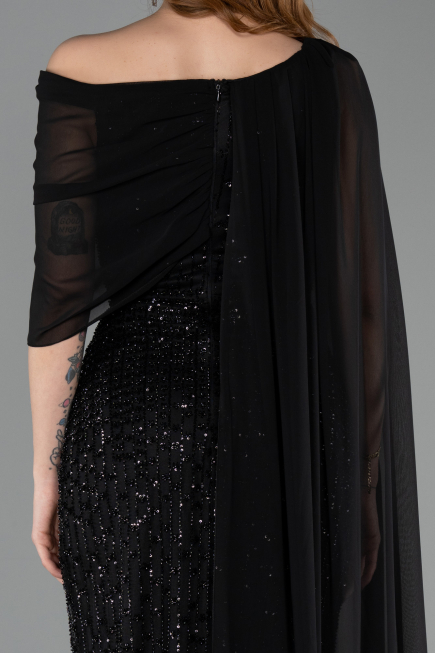 Standesamtkleid Lang Perlenbesetzt Schwarz ABU5816