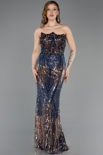 Abendkleid Lang Schuppig Marineblau ABU5828