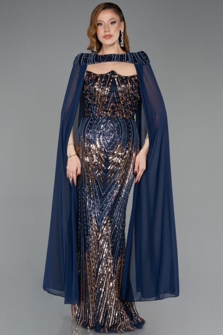 Abendkleid Lang Schuppig Marineblau ABU5828