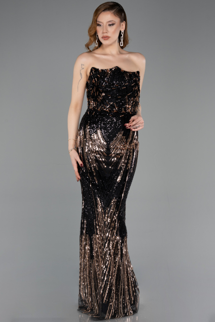 Abendkleid Lang Schuppig Schwarz ABU5828