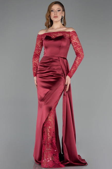 Weinrot Abendkleid İm Meerjungfrau-Stil Satin Lang ABU5641