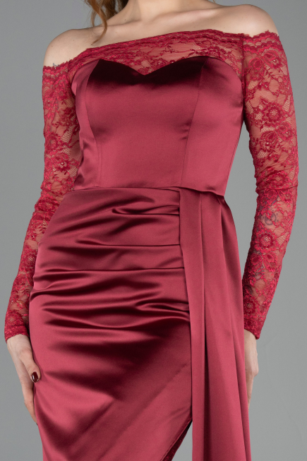 Weinrot Abendkleid İm Meerjungfrau-Stil Satin Lang ABU5641