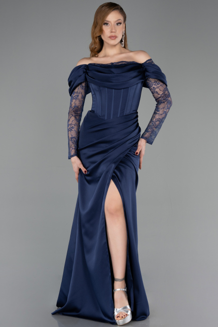 Abendkleid Lang Satin Marineblau ABU5829