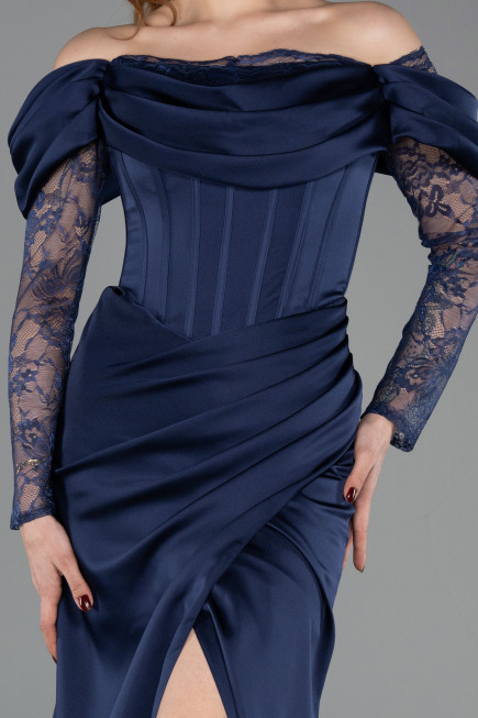 Abendkleid Lang Satin Marineblau ABU5829