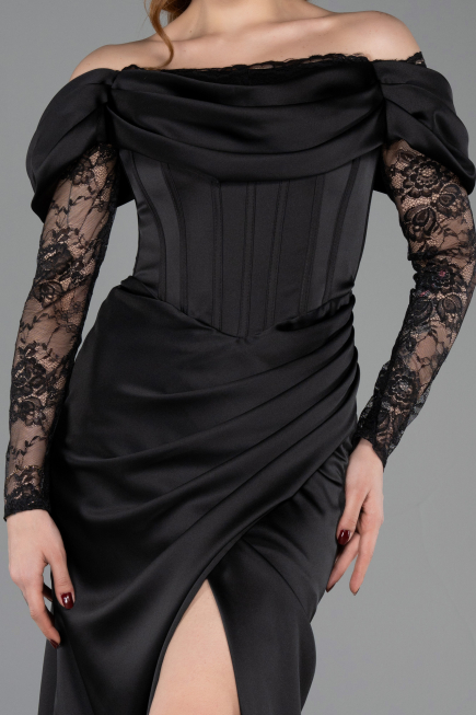 Abendkleid Lang Satin Schwarz ABU5829
