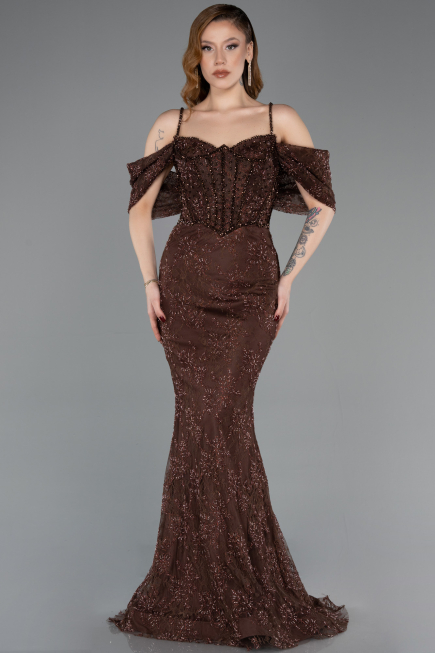 Abendkleid im Meerjungfrau-Stil Lang Spitze Braun ABU5822