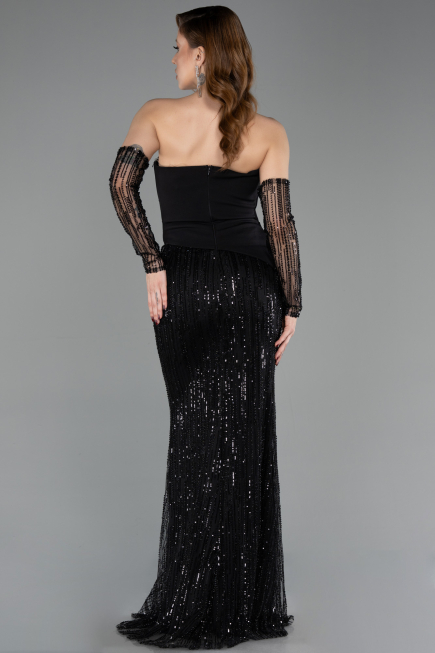 Abendkleid Lang Perlenbesetzt Schwarz ABU5766