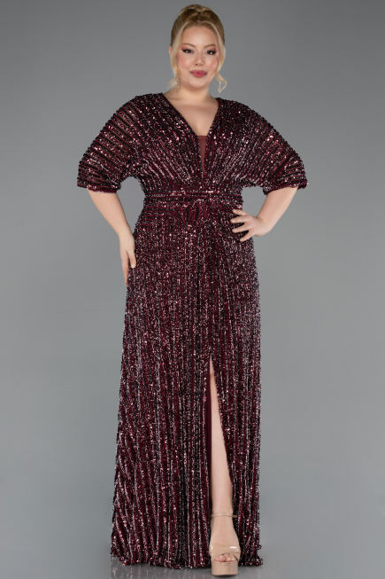 Abendkleid in Übergröße Lang Schuppig Weinrot ABU5846