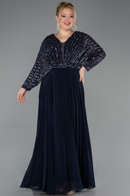 Kleider in Großen Größen Lang Chiffon Marineblau ABU5859