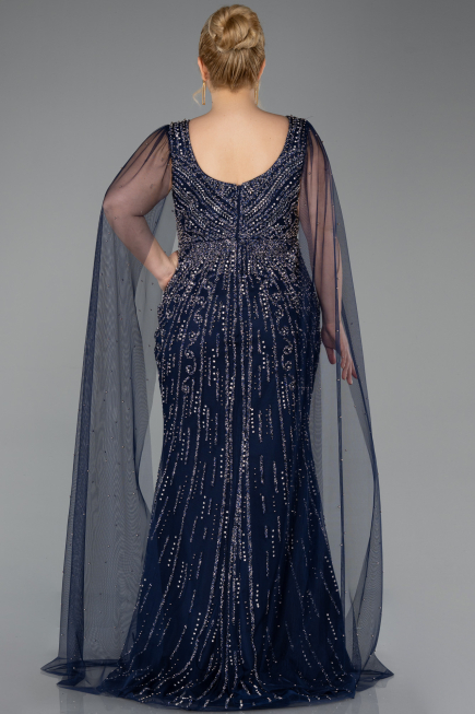 Abendkleid in Übergröße Lang Steinbesetzt Marineblau ABU5752