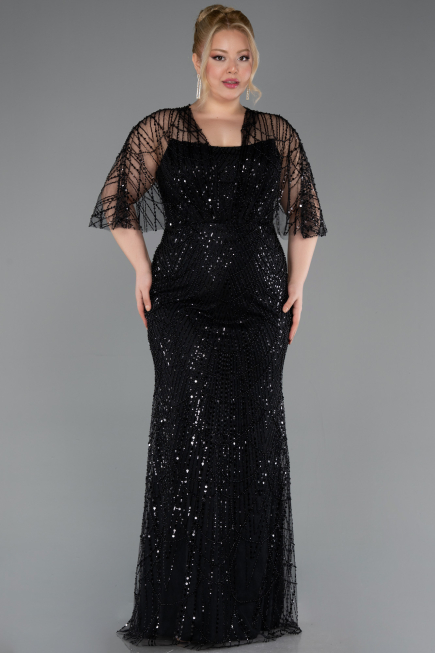 Abendkleid in Übergröße Lang Perlenbesetzt Schwarz ABU5800