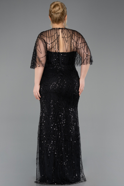 Abendkleid in Übergröße Lang Perlenbesetzt Schwarz ABU5800