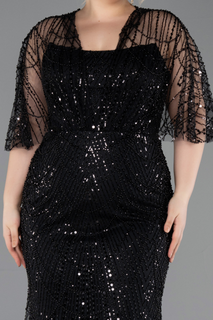 Abendkleid in Übergröße Lang Perlenbesetzt Schwarz ABU5800