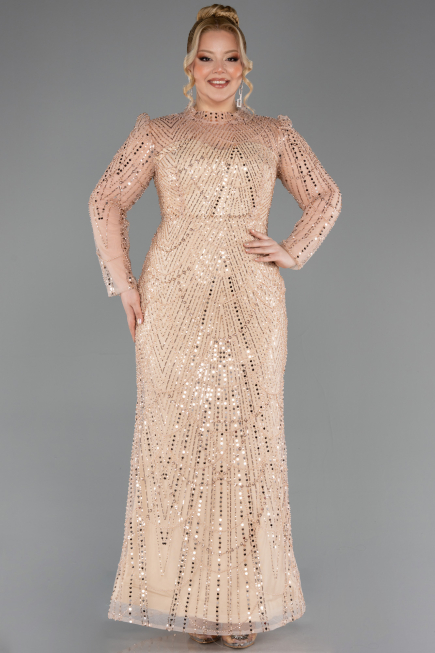 Gold Abendkleid İn Übergröße Perlenbesetzt Lang ABU5643