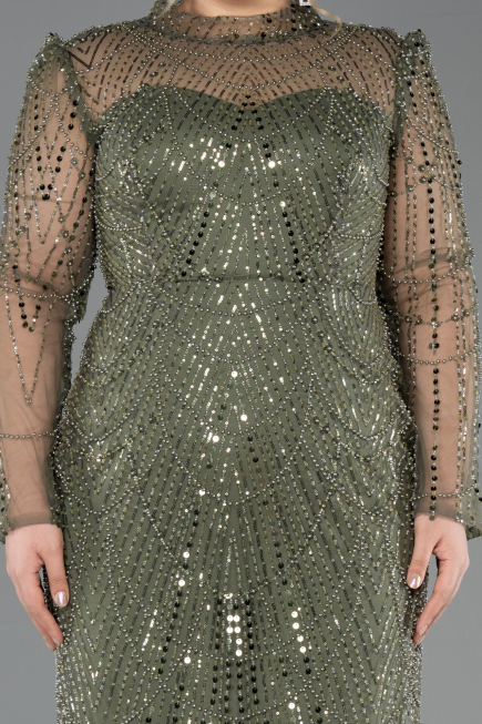 Abendkleid in Übergröße Lang Perlenbesetzt Khaki ABU5643
