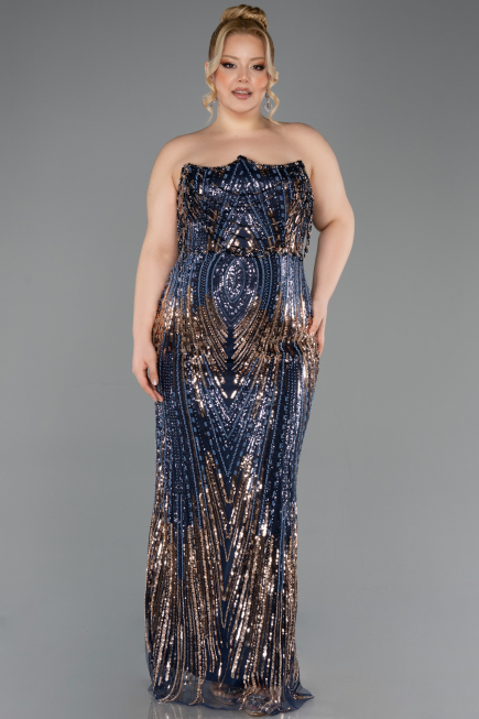 Abendkleid in Übergröße Lang Schuppig Marineblau ABU5830