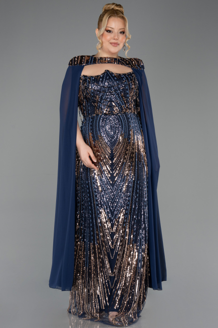 Abendkleid in Übergröße Lang Schuppig Marineblau ABU5830