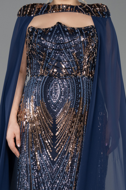 Abendkleid in Übergröße Lang Schuppig Marineblau ABU5830
