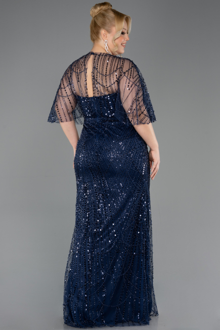 Abendkleid in Übergröße Lang Perlenbesetzt Marineblau ABU5800