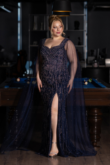 Abendkleid in Übergröße Lang Steinbesetzt Marineblau ABU5752