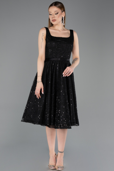 Abendkleid Midi Spitze Schwarz ABK2549