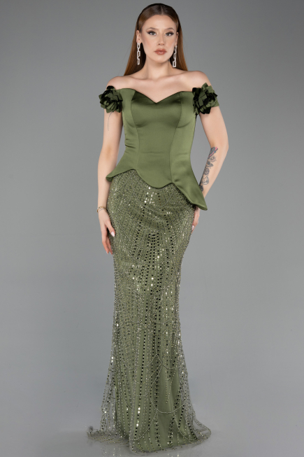 Khaki Abendkleid Perlenbesetzt Lang ABU5616