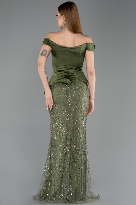 Khaki Abendkleid Perlenbesetzt Lang ABU5616
