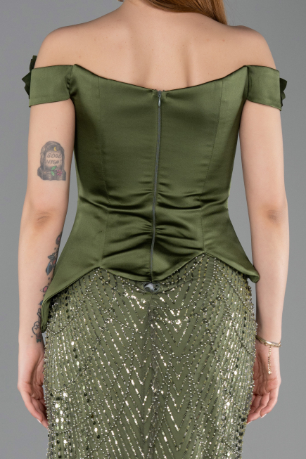 Khaki Abendkleid Perlenbesetzt Lang ABU5616
