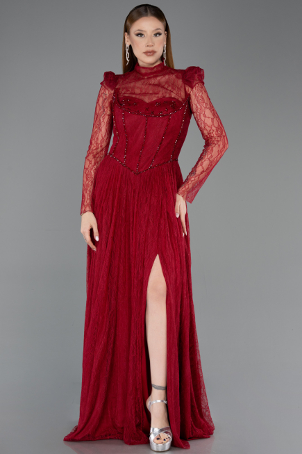 Standesamtkleid Lang Spitze Weinrot ABU5887