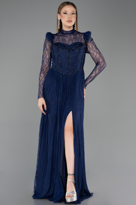 Standesamtkleid Lang Spitze Marineblau ABU5887