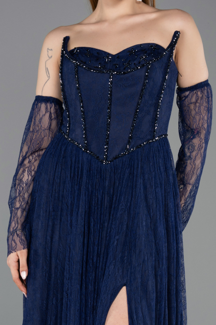 Standesamtkleid Lang Spitze Marineblau ABU5887
