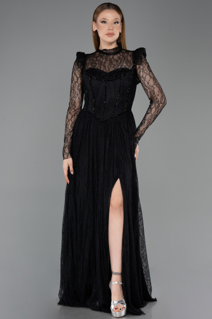 Standesamtkleid Lang Spitze Schwarz ABU5887